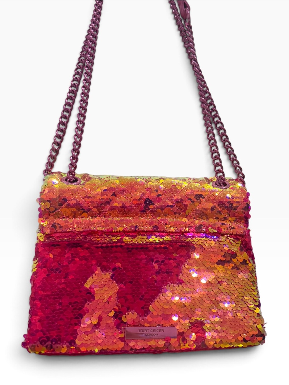 Rare Kurt Geiger Medium Kensington Bright Pink Orange Sequin Crossbody Bag - Picture 10 of 12